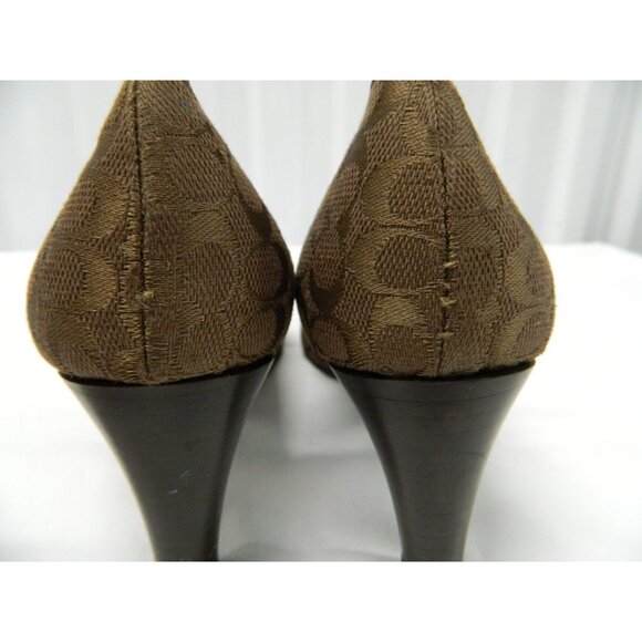 Coach Brown Monogram Buckle Loafers Pointed Toe Heel 7.5B Womens Leather Canvas - Picture 11 of 12